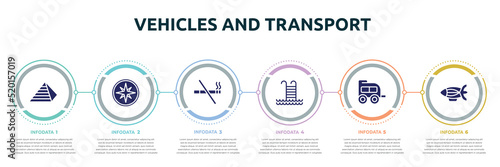 vehicles and transport concept infographic design template. included keops pyramid, compass with cardinal points, smoking prohibition, swimming pool ladder, two window carriage, blimp icons and 6 photo