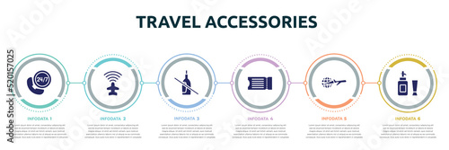 travel accessories concept infographic design template. included hotel phone, airport flight info, no drink, fly ticket, travelling around the world, toiletries icons and 6 option or steps.