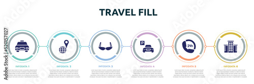 travel fill concept infographic design template. included taxi frontal vehicle, geolocated place, old fashion glasses, parking hotel, 24 hours phone attention service, hotel icons and 6 option or