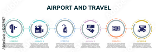 airport and travel concept infographic design template. included breathalyzer, camera recorder, hang, airplane flight ticket, toilets, rent a car icons and 6 option or steps.
