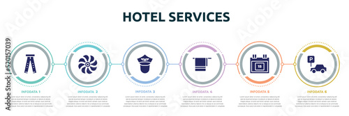 Fototapeta Naklejka Na Ścianę i Meble -  hotel services concept infographic design template. included ripped jeans, ventilation, pilot of airplane, bath towel, calendar day 15, parking car icons and 6 option or steps.