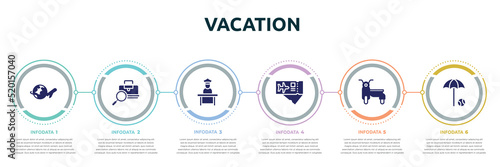 vacation concept infographic design template. included airplane travel around the world, baggage verification, airport worker, airplane tickets, sidecar, beach umbrella and beach ball icons and 6
