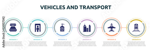 vehicles and transport concept infographic design template. included king size, full body, sanitizer, modern hotel, plane diagonal, streetcar icons and 6 option or steps.