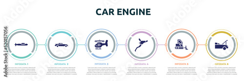 car engine concept infographic design template. included submarine side view, car side view, helicopter side view, brakes, bulldozer hood open icons and 6 option or steps.