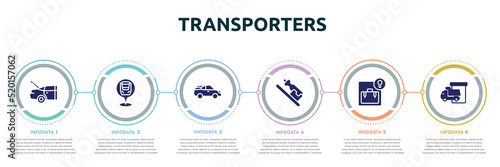 transporters concept infographic design template. included trunk open, checkpoint, electric car side view, hydration, left luggage, loading/unloading area icons and 6 option or steps.