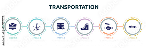 transportation concept infographic design template. included pilot hat, helicopter black shape top view, double decker, or down, car engine, convertible icons and 6 option or steps.