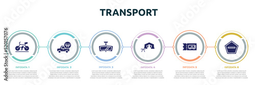 transport concept infographic design template. included road bike, shift, rear-view mirror, campsite, bus ticket, do not enter icons and 6 option or steps.