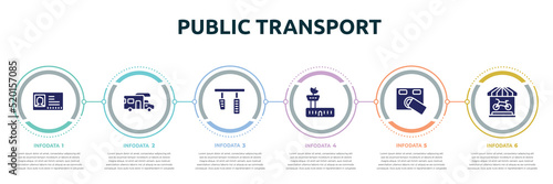 public transport concept infographic design template. included driving pass, rv, brake pedal, air traffic controller, access control, bike shop icons and 6 option or steps.