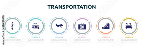 transportation concept infographic design template. included shock absorber, trolley car, small plane, drone case, or up, tramway icons and 6 option or steps.