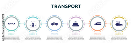 transport concept infographic design template. included damper, luggage scan, pickup car, ferry, monorail, travel baggage icons and 6 option or steps.