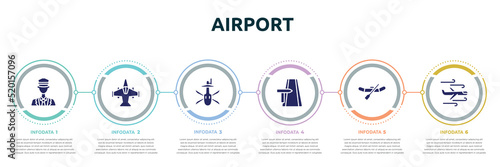airport concept infographic design template. included ticket collector, military airplane bottom view, military helicopter bottom view, road trip, watercraft, turbulence icons and 6 option or steps.