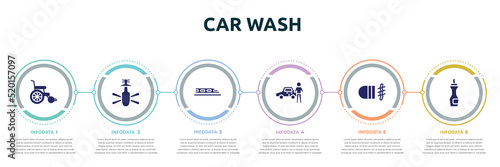 car wash concept infographic design template. included wheel chair, helicopter bottom view, hyperloop, authorized dealer, fog lamp, insect repellent icons and 6 option or steps.