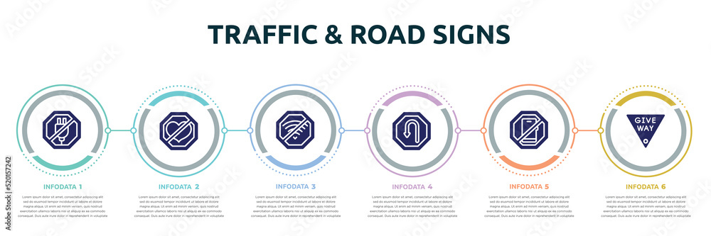 traffic & road signs concept infographic design template. included no plug, lovemaking, no wifi, left hair pin, smarthphone, give way icons and 6 option or steps. traffic & road signs concept infographic design template. included no plug, lovemaking, no wifi, left hair pin, smarthphone, give way icons and 6 option or steps.