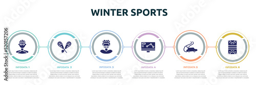 winter sports concept infographic design template. included cyclist, lacrosse, rugby player, telemetry, drifting, hockey pitch icons and 6 option or steps.