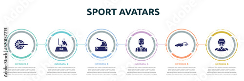sport avatars concept infographic design template. included crank, rugby goal, handbrake, drivers, chase, hockey player icons and 6 option or steps.