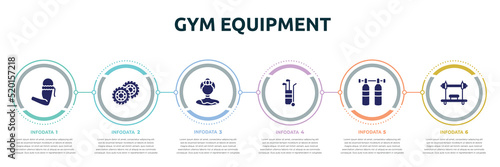 gym equipment concept infographic design template. included armband, pit, gymnast, golf caddy, gas cilinder, bench press icons and 6 option or steps.