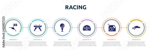 racing concept infographic design template. included football flag, pommel horse, tee, kmh, oil down, autocross icons and 6 option or steps.