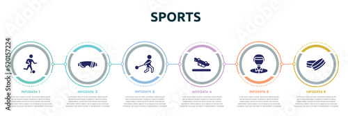 sports concept infographic design template. included football players, sport sunglasses, hammer throwing, blowover, polo player, hockey puck icons and 6 option or steps.