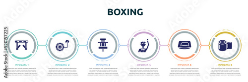 boxing concept infographic design template. included hurdle, tire pressure, paddock, committee, push up, elastic handwraps icons and 6 option or steps.