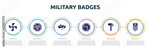 military badges concept infographic design template. included ventilating fan, biological hazard, winshield wiper, chemical products, native american tomahawk, explosive icons and 6 option or steps.