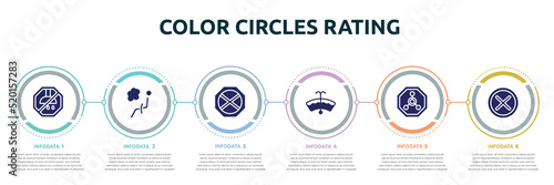 color circles rating concept infographic design template. included no shower, airbag, no waiting, windshield washer, radioactive warning, unchecked icons and 6 option or steps.