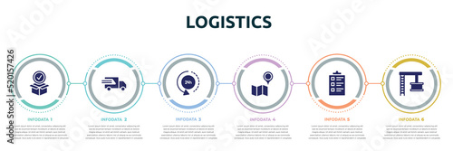 logistics concept infographic design template. included package for delivery, fast transport, 24 hours delivery, map and placeholder, packing list, container crane icons and 6 option or steps.