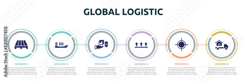 global logistic concept infographic design template. included pallets, cargo boat, cash on delivery, this side up, centre of gravity, moving home icons and 6 option or steps.