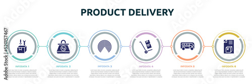 product delivery concept infographic design template. included construction and tools, kilogram, airdrop, use hand truck, buses, dispatch note icons and 6 option or steps.
