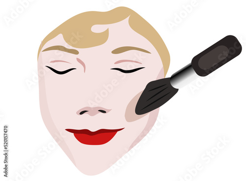 Applying bronzer, face of a girl on isolated white background