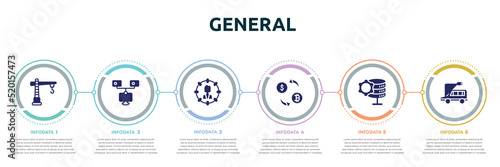 general concept infographic design template. included construction crane, bpm, direct marketing, crypto-exchange, data engineering, electro car icons and 6 option or steps.
