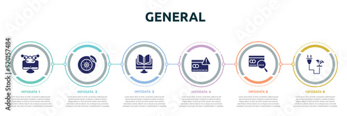 general concept infographic design template. included computing technology, disk brake, distance learning, credit risk, credit score, biomass energy icons and 6 option or steps.