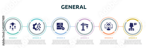 general concept infographic design template. included collaborative idea, digital transformation, add photos, building crane, computer vision, hr manager icons and 6 option or steps.