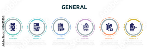 general concept infographic design template. included ar game, credit history, credit report, ecommerce solutions, e-privacy, eco battery icons and 6 option or steps.