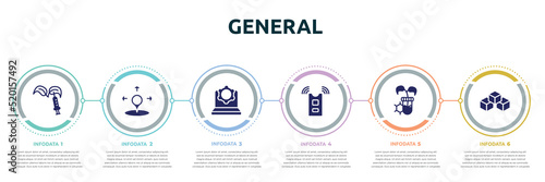 general concept infographic design template. included gmo, coordinate, information technology, active sensor, biotechnology, ar platform icons and 6 option or steps.