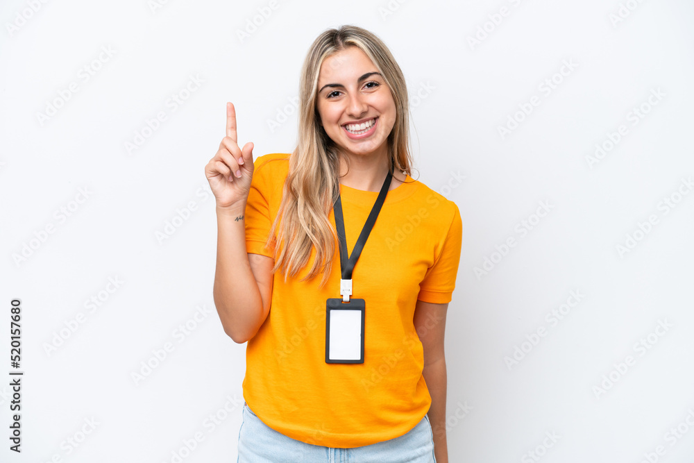 Young caucasian woman with ID card isolated on white background pointing up a great idea Young caucasian woman with ID card isolated on white background pointing up a great idea