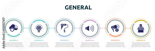 general concept infographic design template. included saas, invention, painting work, sound control, marketing budget, referendum icons and 6 option or steps.
