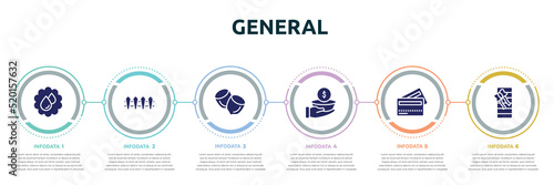 general concept infographic design template. included save water badge, wooden fence, nuts, poverty, credit cards, birthday present icons and 6 option or steps.