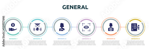 general concept infographic design template. included initial coin offering, water sensor, shoulder immobilizer, trackability, x-ray, smart contract icons and 6 option or steps.