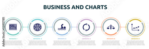 business and charts concept infographic design template. included graphical report, cdn, swim, arrow circle, feasibility, icons and 6 option or steps.