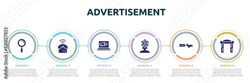 advertisement concept infographic design template. included magnifier tool, ringing, laptop computer, behavior, aerial advertising, welcome gate icons and 6 option or steps.