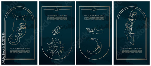Set of golden mysterious vector illustrations for stories templates, mobile app, landing page, web design, posters. Occult magic background for astrology, fortune telling, tarot concept. One line art 