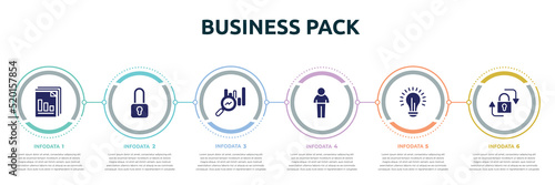 business pack concept infographic design template. included diagram files, locked padlock, search stats, person shape, lightbulb, lock icons and 6 option or steps.
