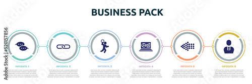 business pack concept infographic design template. included speech bubbles, link, handball, statistics on screen, left dots arrow, businessman with tie icons and 6 option or steps.