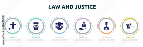 law and justice concept infographic design template. included guilty, civil rights, prisoner, bribery, accident and injuries, court trial icons and 6 option or steps.