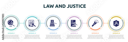 law and justice concept infographic design template. included diploy, tax law, stenographer, documents, violence, defense icons and 6 option or steps.