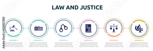 law and justice concept infographic design template. included case closed, recorder, criminal law, contract law, justice scale, environmental icons and 6 option or steps.