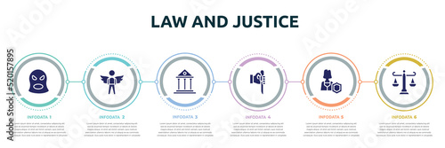law and justice concept infographic design template. included balaclava, innocent, court, murder, custody, adminstrative law icons and 6 option or steps.