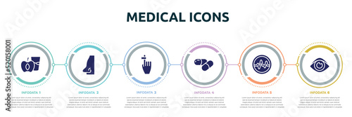 medical icons concept infographic design template. included diet for health, male e shape of a, hand finger with a ribbon, medicine capsule, life, human eye shape icons and 6 option or steps.