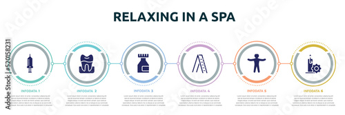 relaxing in a spa concept infographic design template. included hospital syringe, premolar, medicine flask, mechanical ladder, standing human body, candle flower icons and 6 option or steps.