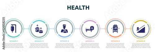 health concept infographic design template. included serum bag, candle and stone, broken arm, hospitalization, frontal ambulance, mechanical stairs going down icons and 6 option or steps.